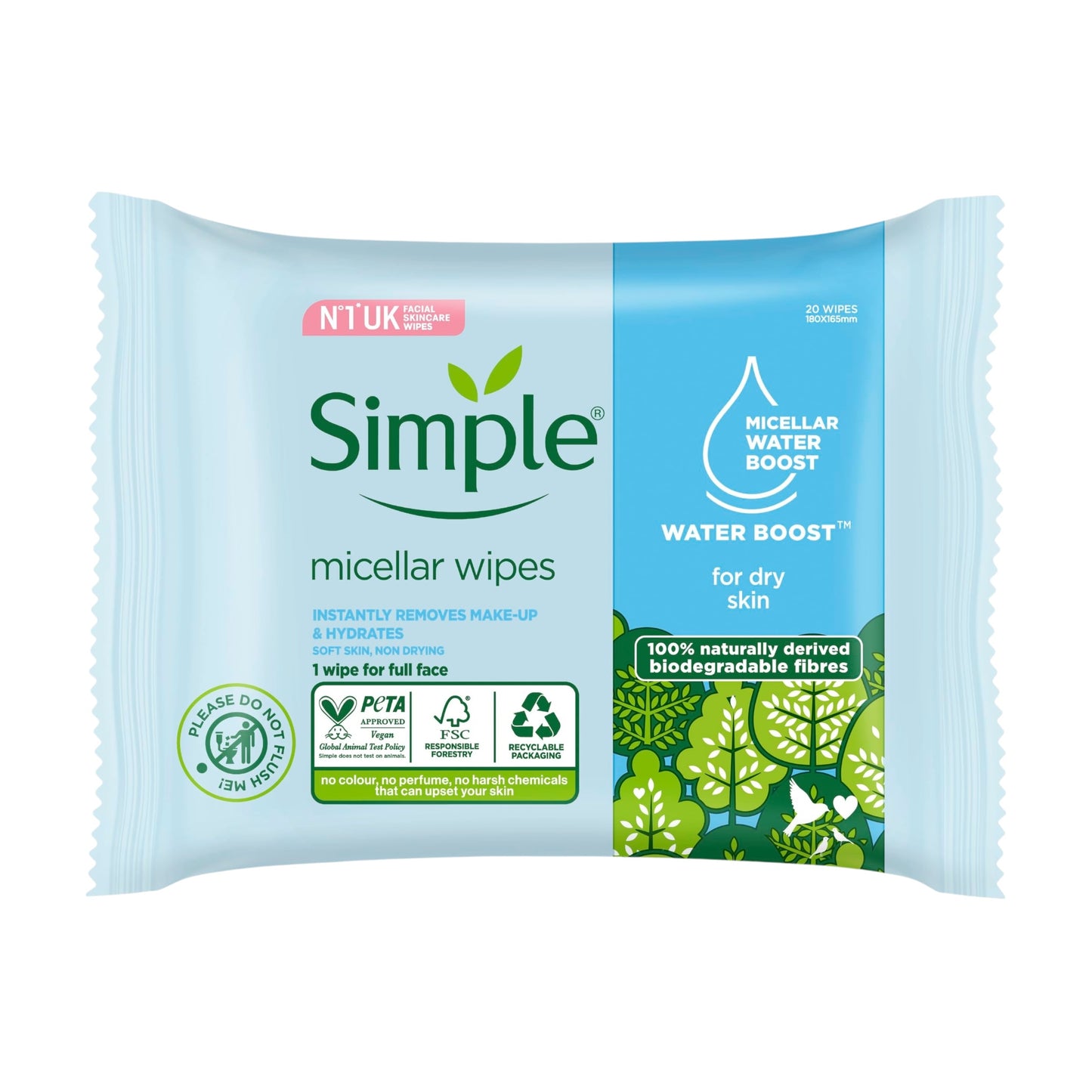 Simple Micellar Wipes For Dry Skin 20 Wipes