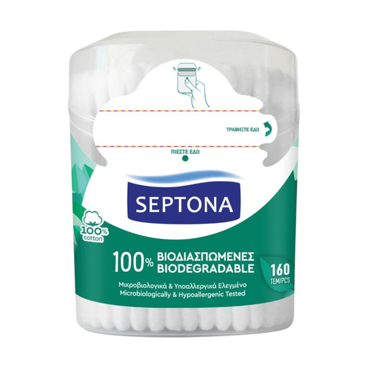 Septona Cotton Buds 160 Pcs Biodegradable With Dispenser Pop Up Lid