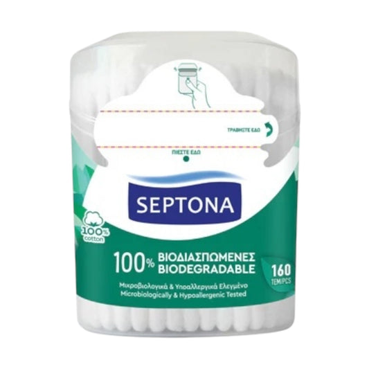 Septona Cotton Buds 160 Pcs Biodegradable With Dispenser Pop Up Lid
