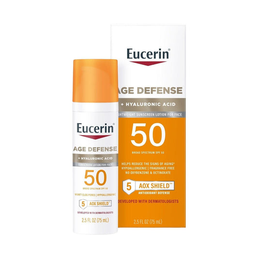 Eucerin, Age Defense, Lightweight Sunscreen Lotion For Face, SPF 50, Fragrance Free, 2.5 fl oz (75 ml) - MELIA PHARMACY - MELIA PHARMACY